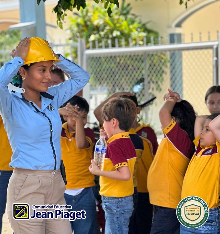 Construction worker woman wearing yellow hard hat instructs group of children in yellow safety vests outdoors