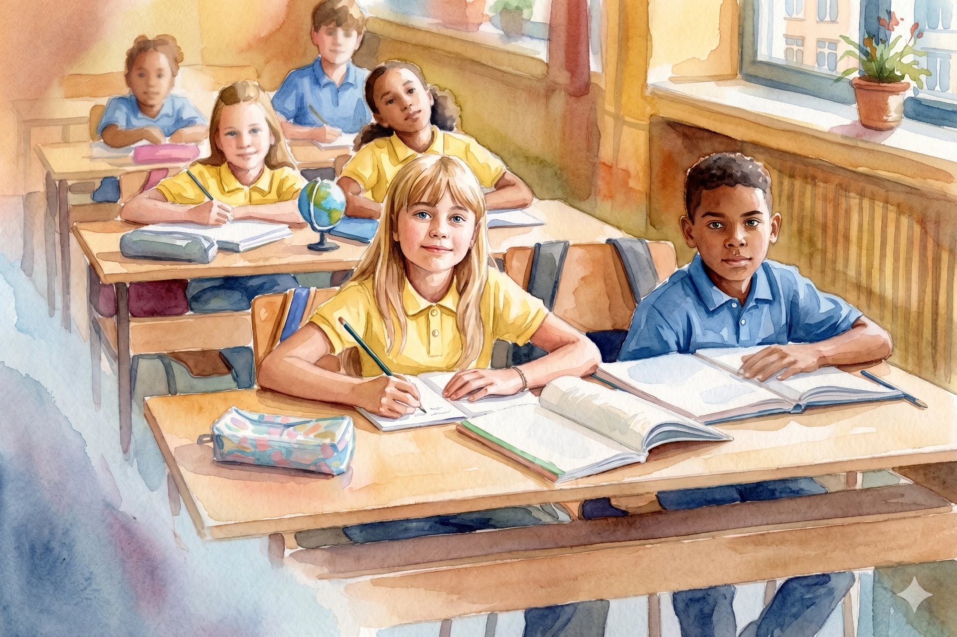 Diverse group of students sitting at wooden desks in a bright classroom, working on assignments and reading books