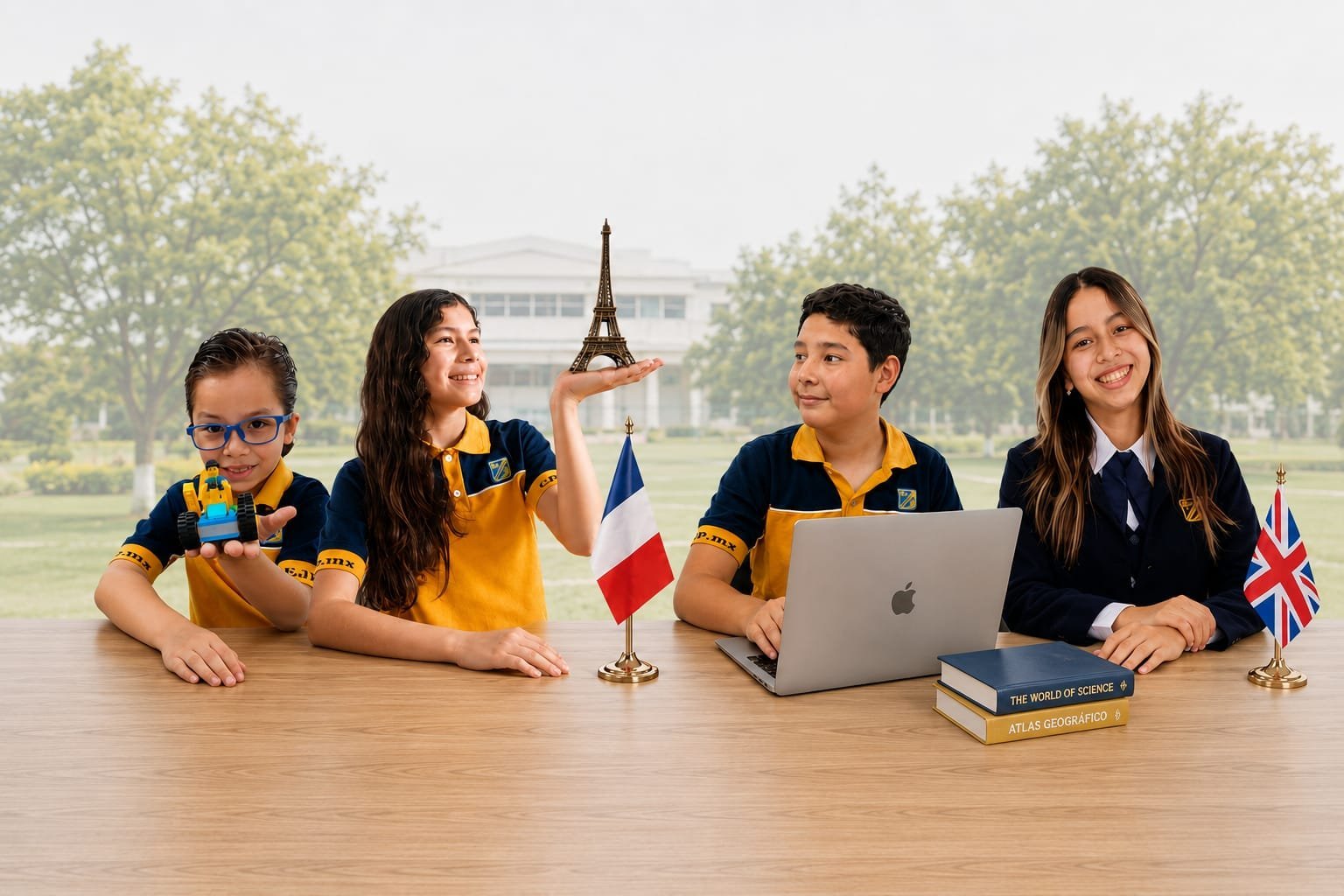 Four students in yellow and black uniforms study languages at a table with laptop, books, and international flags including France and UK