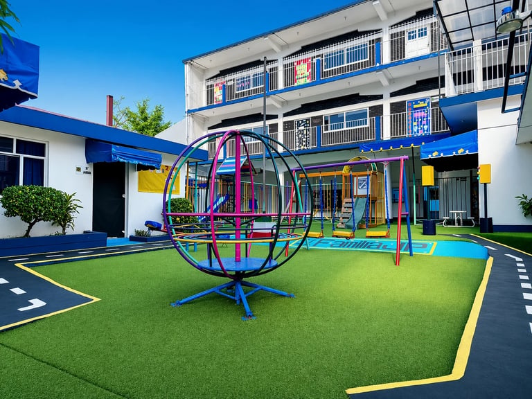 Colorful modern school playground with geometric structures and equipment on artificial green turf