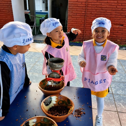 Three young children in chef hats and aprons stand at a table with bowls of food during an outdoor cooking activity.
