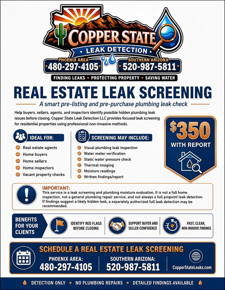 Copper State Leak Detection flyer for the $350 real estate leak screening service with phone numbers for Phoenix and Southern Arizona