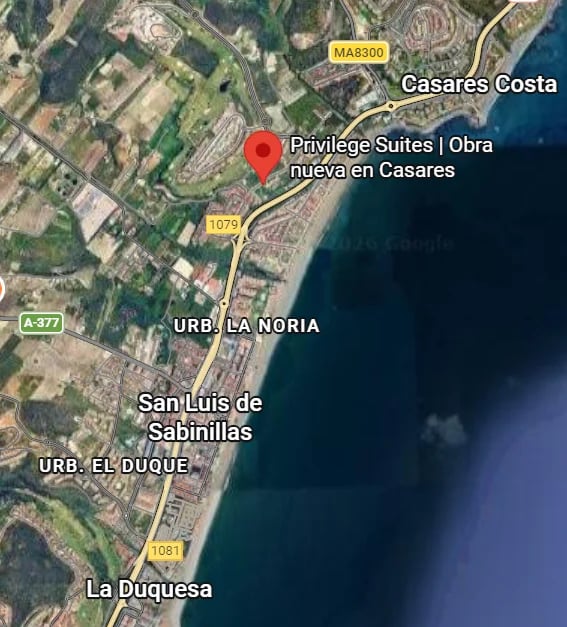 Aerial map of Casares, Spain showing Privilege Suites real estate development location with red marker and nearby neighborhoods.