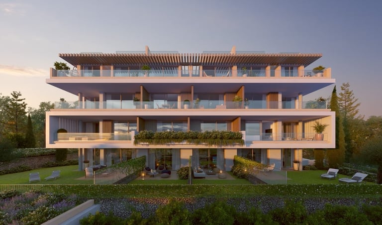 Modern multi-story residential building with tiered balconies, wooden elements, and glass walls overlooking a landscaped garden at dusk