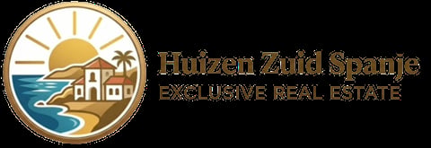 Huizen Zuid Spanje logo with circular emblem featuring beach house, palm tree, and sun with gold text below