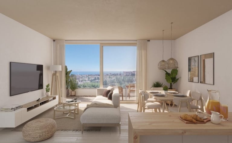 Modern bright apartment living room with city views, featuring minimalist furniture, wall-mounted TV, and access to a balcony