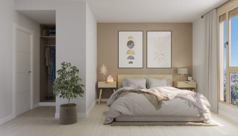 Modern bedroom with neutral tones, platform bed, wooden nightstands, framed wall art, potted plant, and open closet visible on left