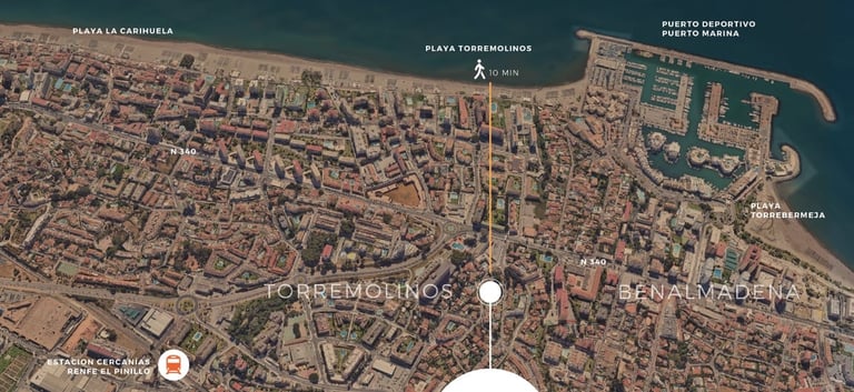Aerial map of Torremolinos, Spain showing city layout with labeled landmarks including plaza, port, and neighborhoods