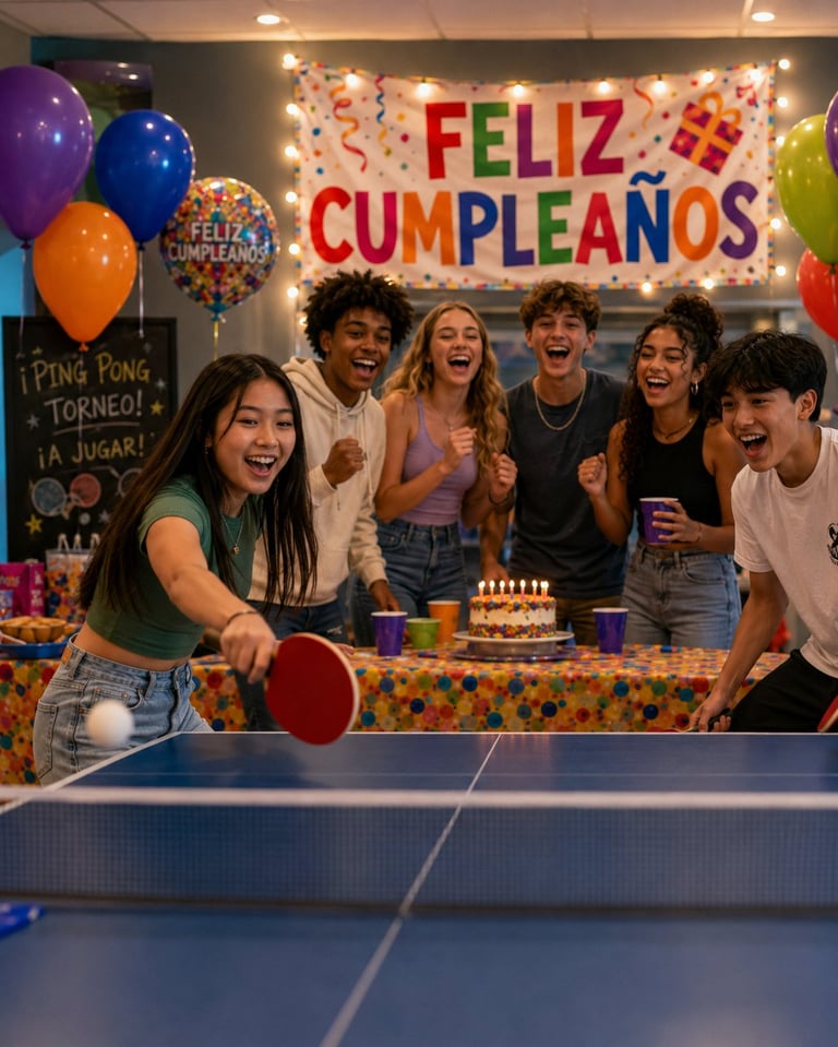 Grupo de amigos celebrando un cumpleaños con banner de Feliz Cumpleaños, globos de colores, torta y mesa de ping-pong en Strong Bull