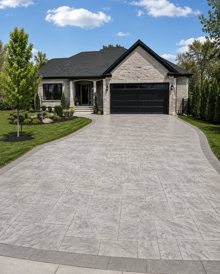 Modern single-story house with light stone exterior, black garage door, and patterned concrete driveway surrounded by landscaping and trees