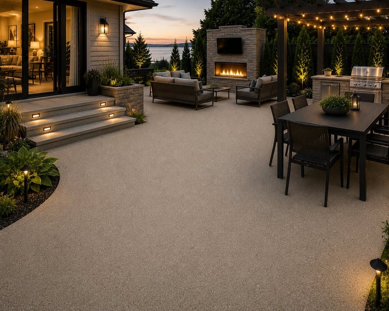 Modern outdoor patio at sunset with fireplace, dining table, lounge seating, and ambient lighting overlooking water