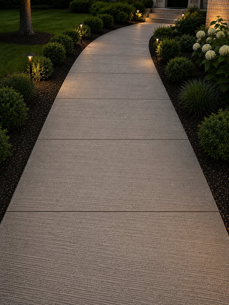Illuminated curved concrete walkway leading to a house entrance, flanked by manicured shrubs and white flowering plants