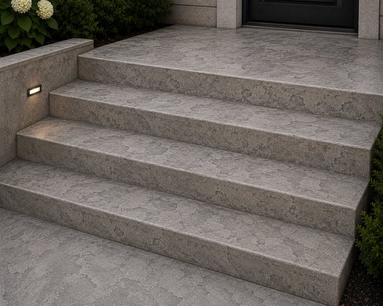 Exterior stone steps leading to a modern entryway with black door and concrete patio