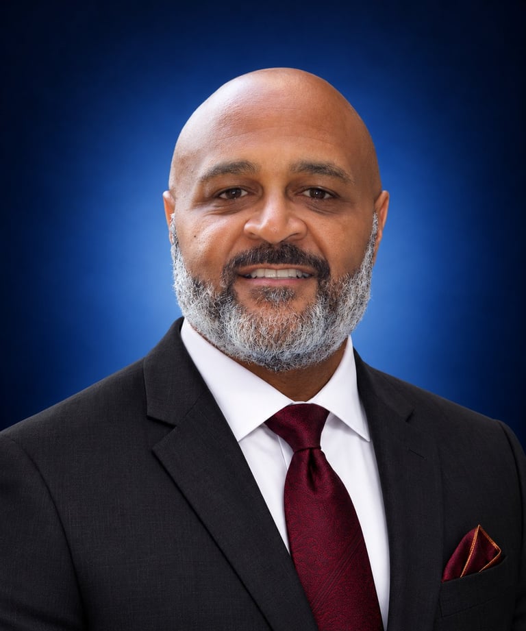 Official author portrait of Diallo M. Watts, Sr. — professional headshot with a gray beard wearing a black suit, white shirt, and burgundy tie against a blue background