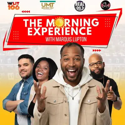 Promotional poster for The Morning Experience with Marquis Lupton radio show featuring four smiling hosts