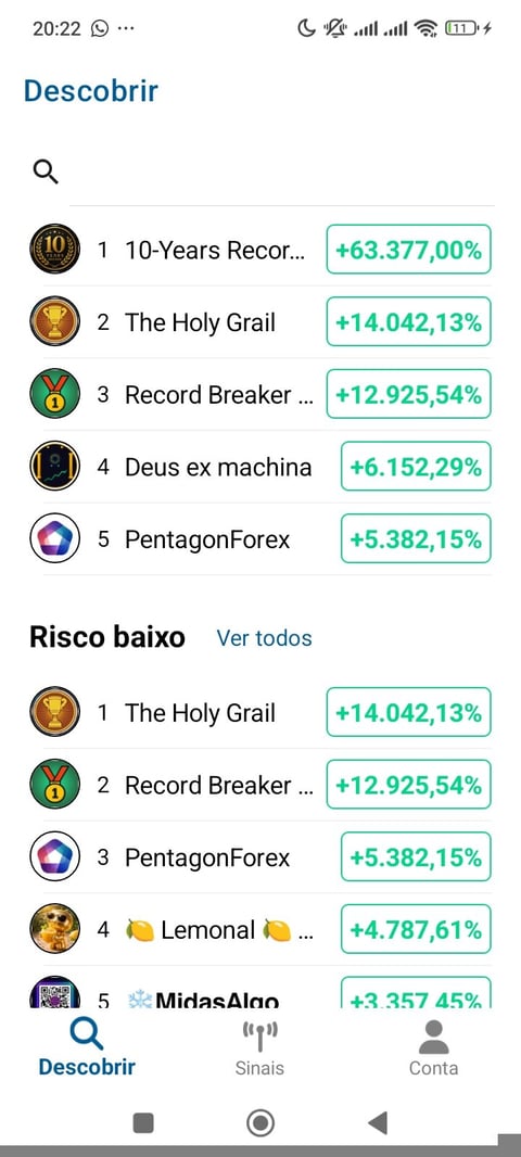 Aplicativo mostrando rankings de estratégias de investimento no mercado Forex com ganhos em dólar — top performers e opções de baixo risco