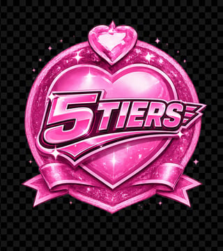 Pink glittery 5TIERS logo with heart shape, sparkles, and ribbon banner on transparent background