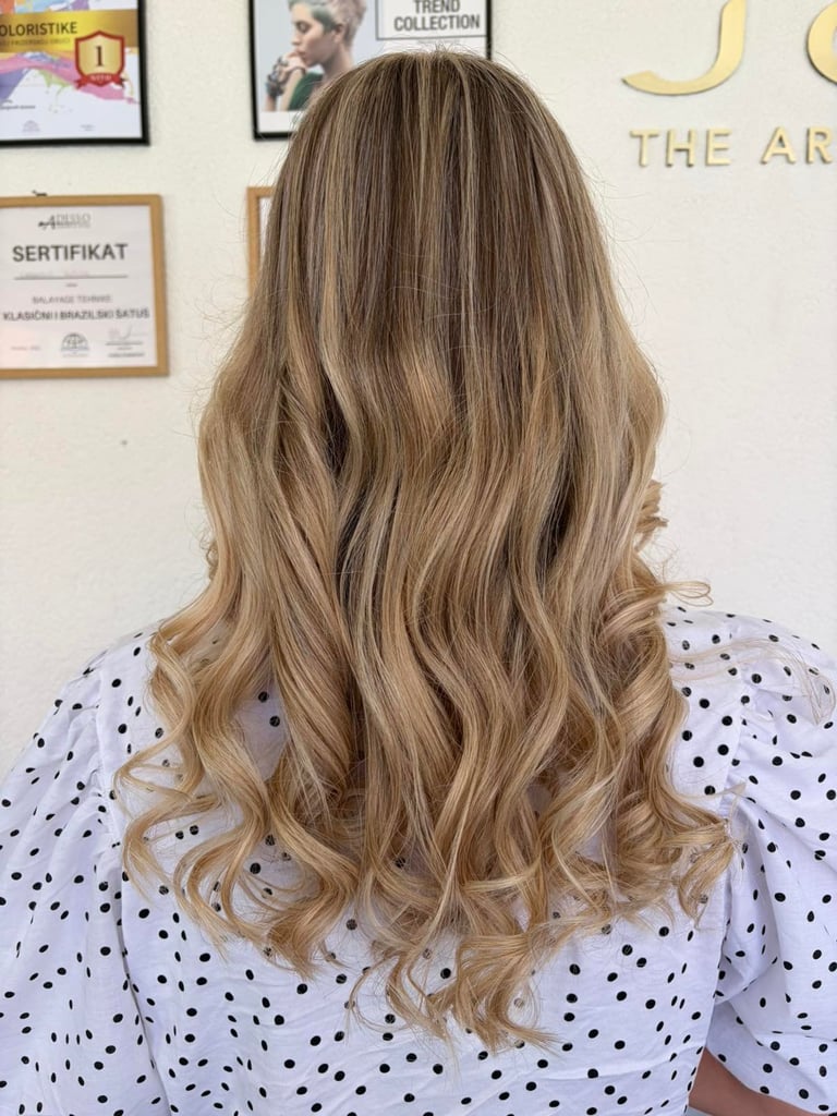 Back view of long, wavy blonde hair with soft layers and highlights in a salon setting