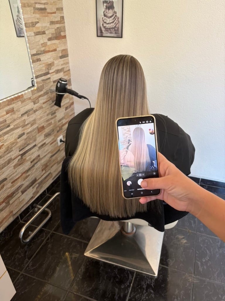 Person with long straight blonde hair photographing themselves in a salon mirror using a smartphone