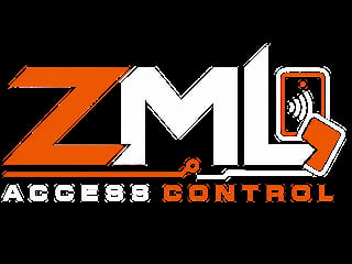 ZML Access Control logo featuring orange Z and M letters with white vertical bar, door with radio waves, and orange hand icon