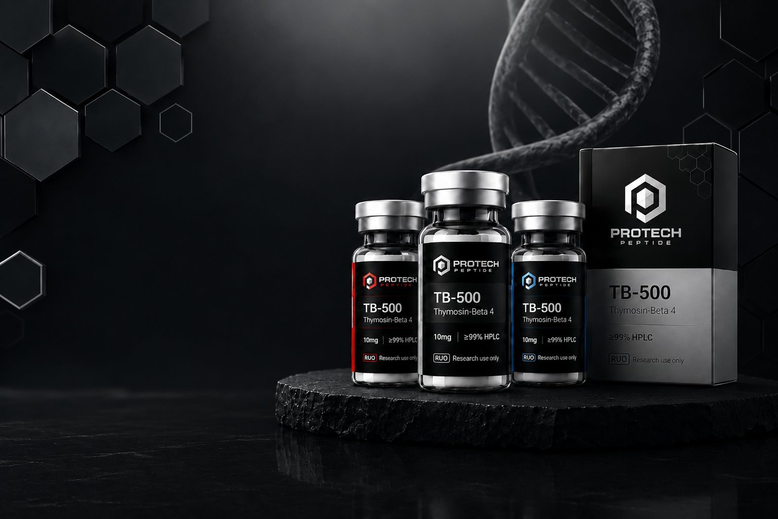 Research peptide bottles with DNA helix imagery on dark background