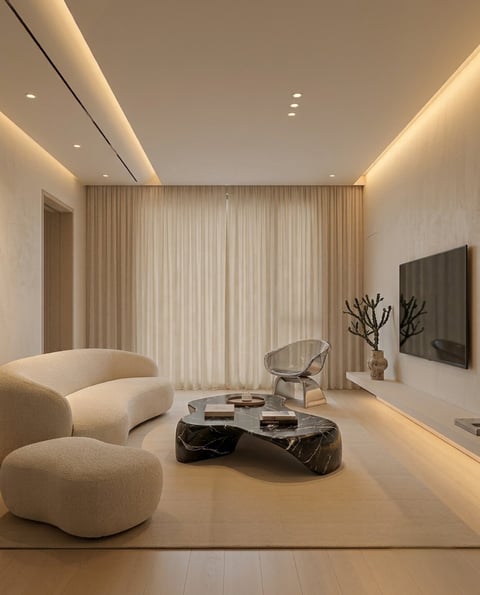 Modern minimalist living room with cream curved sofa, black marble coffee table, wall-mounted TV, and large window with vertical curtains