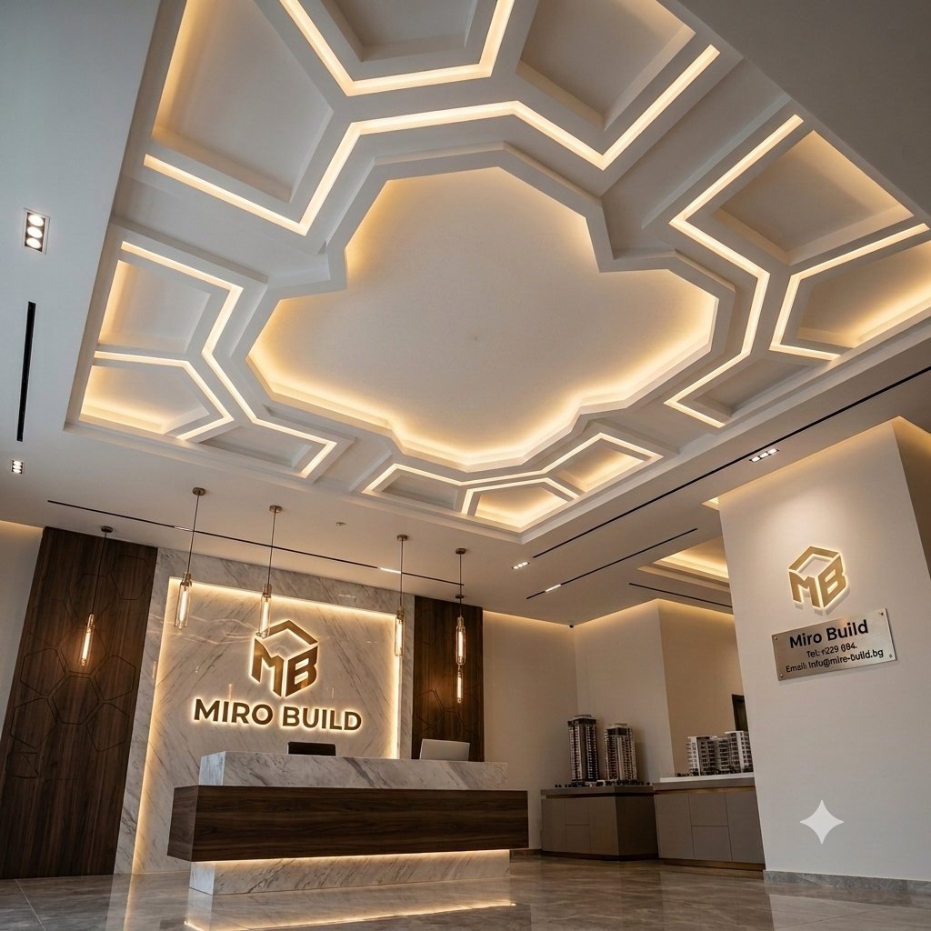 Modern office lobby with decorative geometric ceiling lights and Miro Build company signage