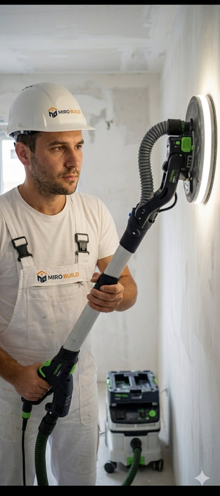 Майстор с бяла екипировка Miro Build шлайфа стена с машина жираф Festool и гофриран маркуч