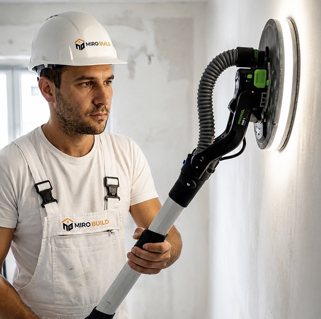 Worker in hard hat and Miro Build apron using electric drywall sander on interior wall