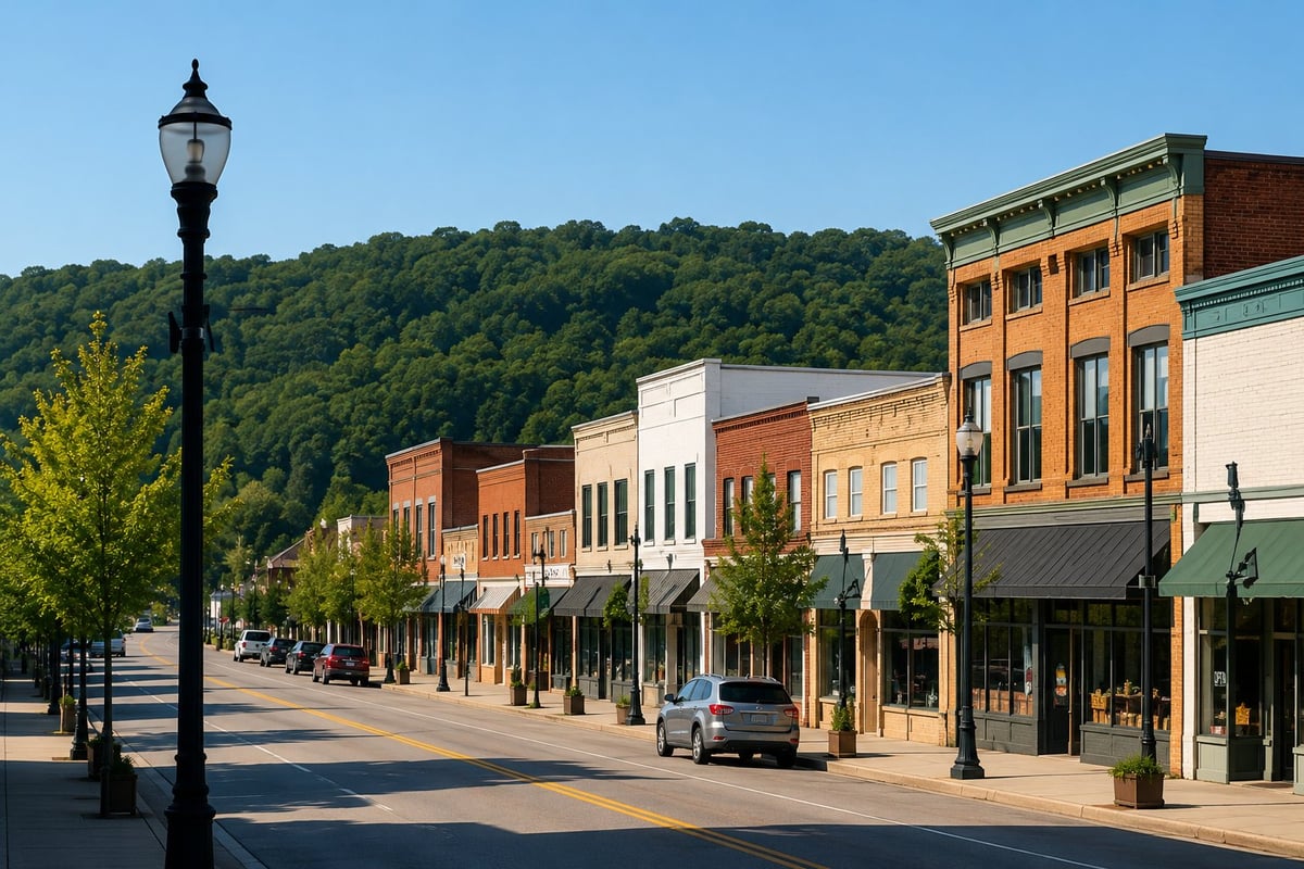 Small-town main street serving local businesses in the Driftless region