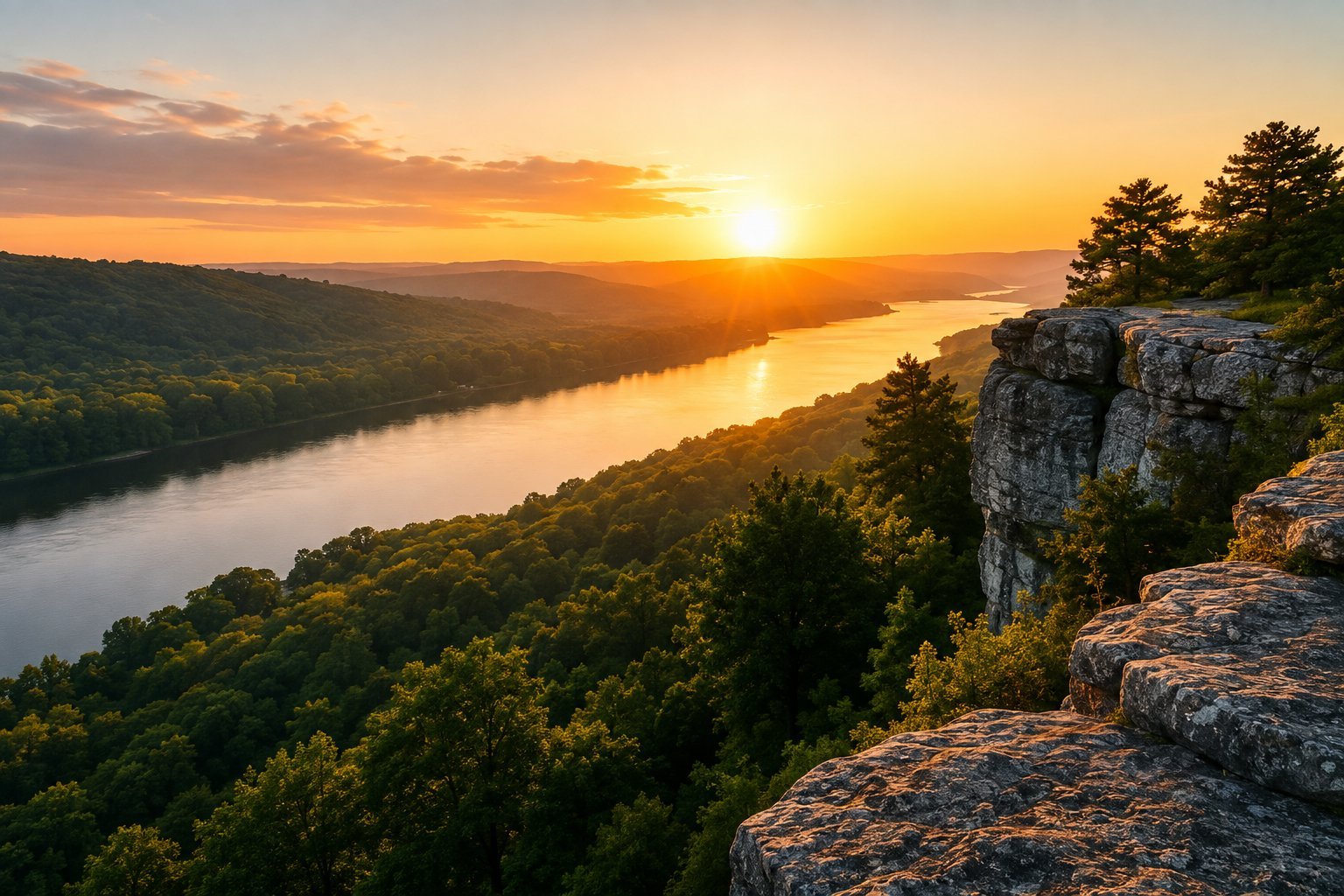 Sunrise over a wooded river valley in the Driftless Area