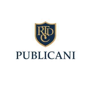 Publicani logo with navy blue shield emblem featuring gold RDJ monogram and lettering