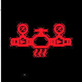 Red icon of a spacecraft or UFO with two circular domes and extending arms on a black background