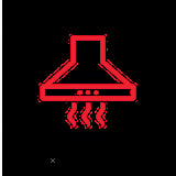 Red outline icon of a kitchen range hood with heat waves below on black background