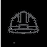 Gray outline icon of a construction hard hat helmet on black background