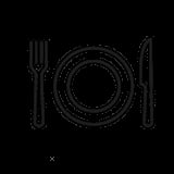Fork, dinner plate, and knife arranged on black background, representing dining or place setting icon