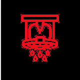 Red line icon of a water well with a bucket and rope on black background