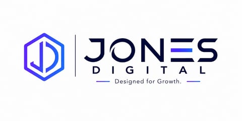 Jones Digital logo featuring a blue hexagonal icon with vertical lines and company name with tagline Designed for Growth