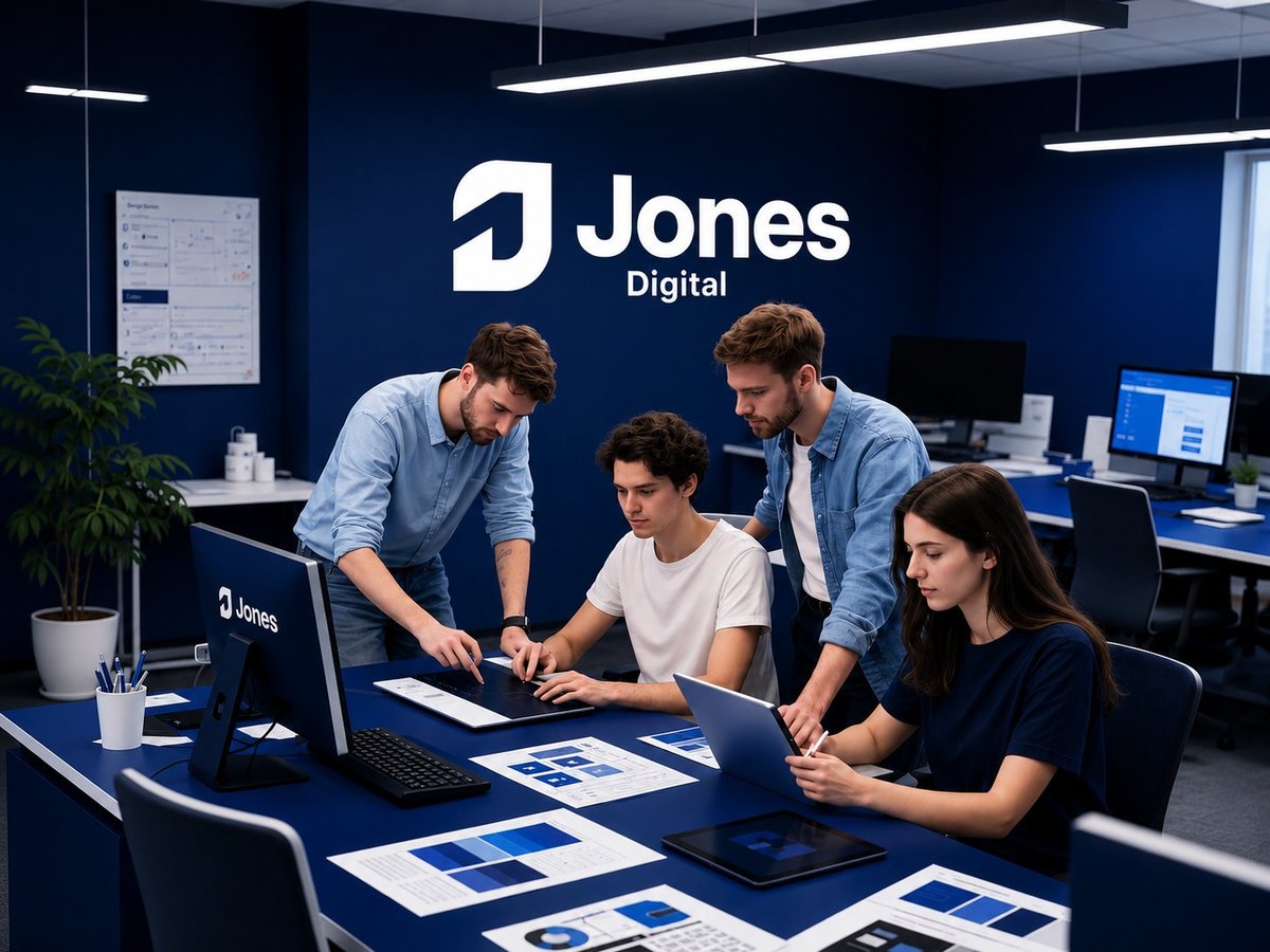 Four team members collaborating around a table with design mockups at Jones Digital office with blue walls and logo