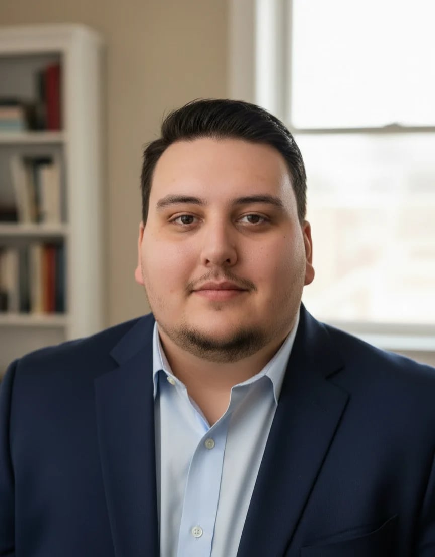 Portrait of a man wearing a dark navy blazer and light blue shirt, standing in front of a bookshelf and window