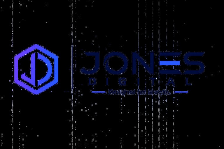 Joni5 logo with blue geometric hexagon symbol and text on dark background with digital matrix effect