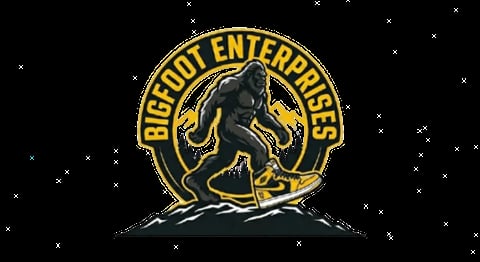 Bigfoot Enterprises circular logo with yellow and black silhouette of bigfoot on mountain landscape