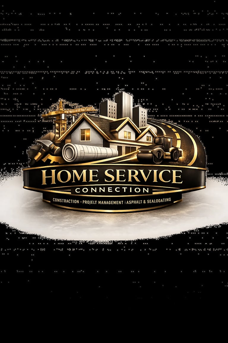 Home Service Connection logo featuring gold residential houses, construction equipment, and tools with text banner on dark background