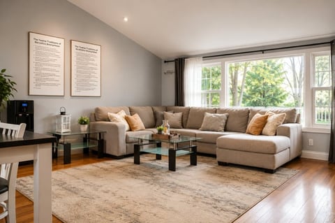 Modern living room with beige sectional sofa, glass coffee tables, area rug, and large windows overlooking greenery