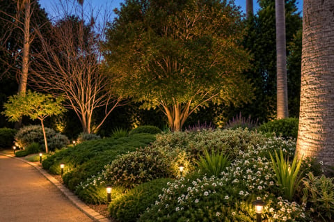 Nighttime garden landscape with illuminated trees, white flowering plants, and manicured hedges along a winding pathway