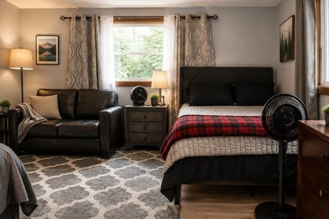 Cozy bedroom with black bed, red plaid comforter, leather sofa, patterned rug, lamps, and TV mounted above dresser near window