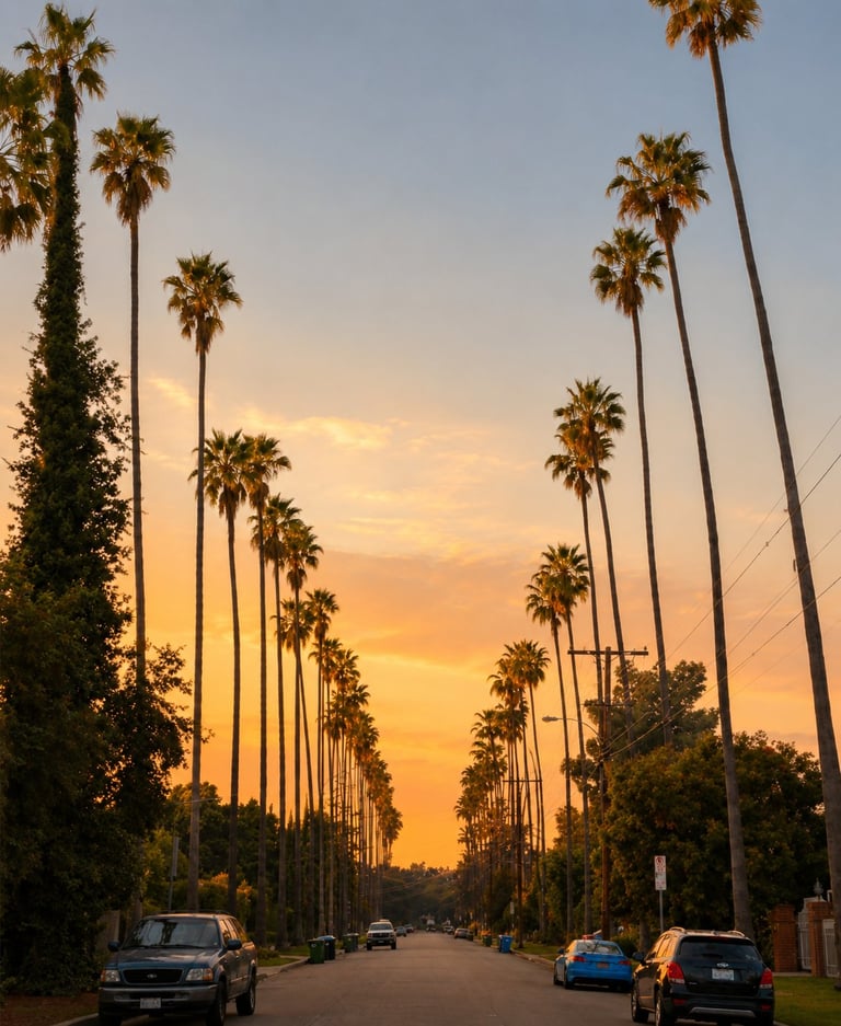 Sunset street lined with tall palm trees, parked cars along sidewalk, golden orange sky