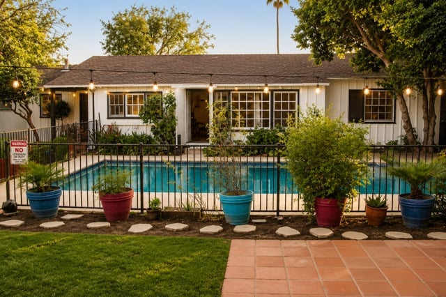 White cottage-style home with pool surrounded by metal fencing, potted plants, and mature trees in a residential setting