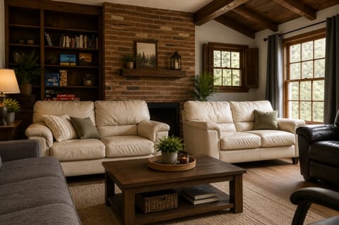 Warm living room with cream-colored sofas, wooden coffee table, exposed brick walls, bookshelves, and large windows with natural light