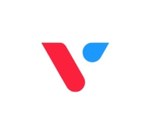 Red and blue abstract shapes forming a stylized checkmark or tick mark symbol